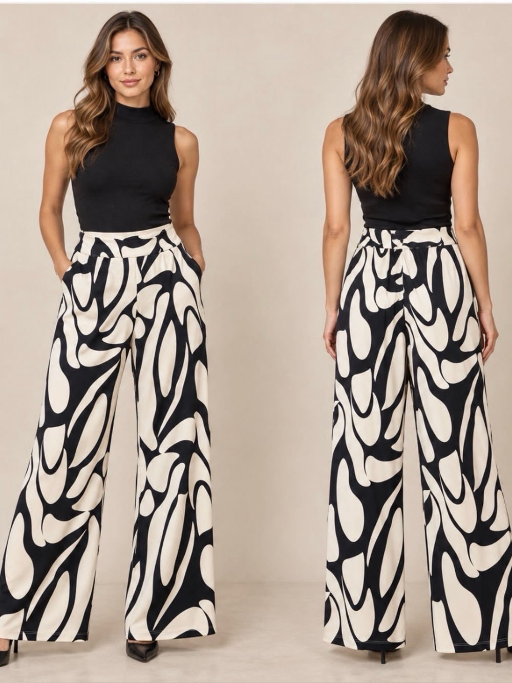 Joseph Ribkoff Black & white Abstract Wide-Leg Pants Size 8
